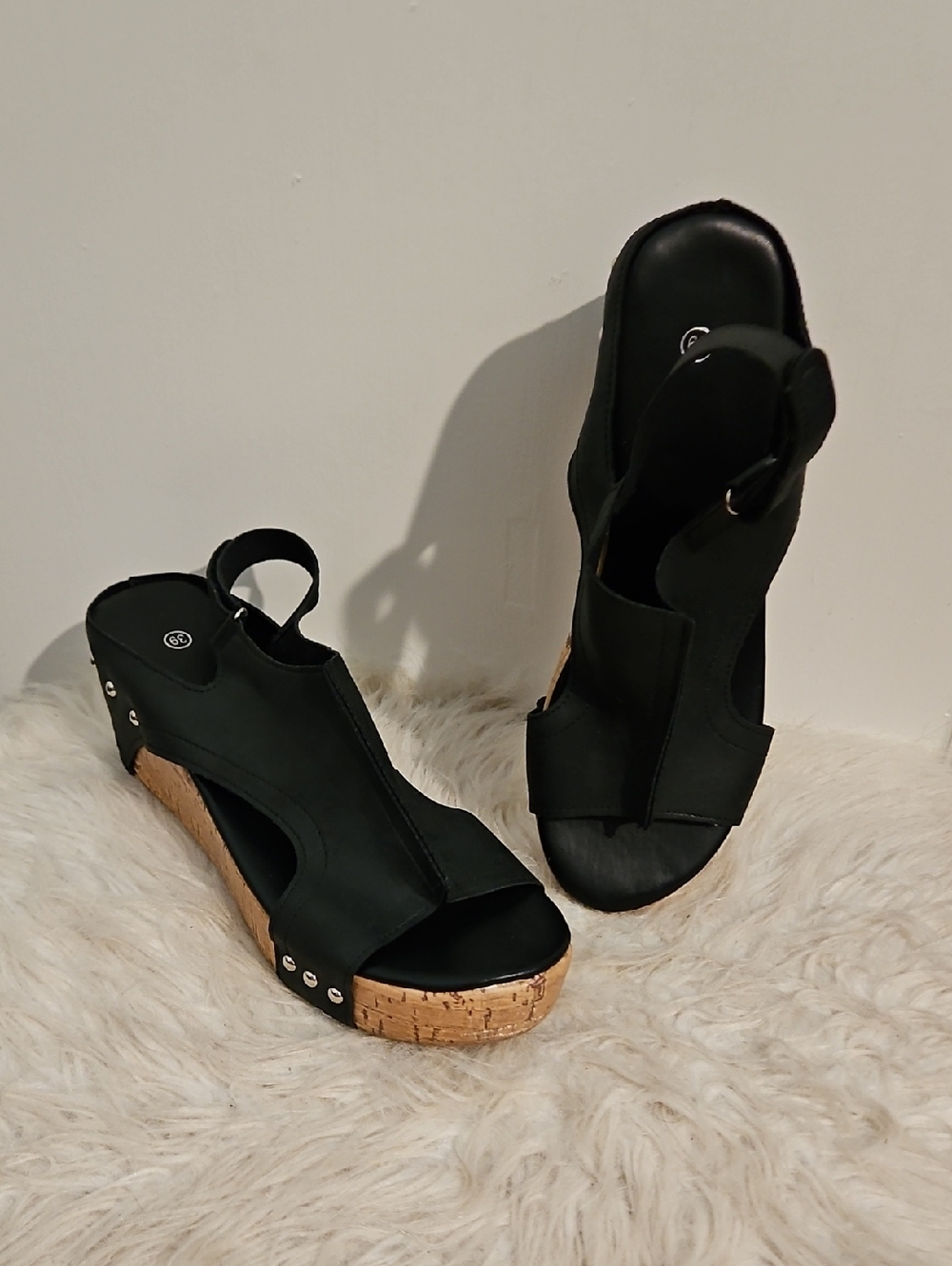 Black Cork Look Wedge Slingback Sandals for Women Size EU39